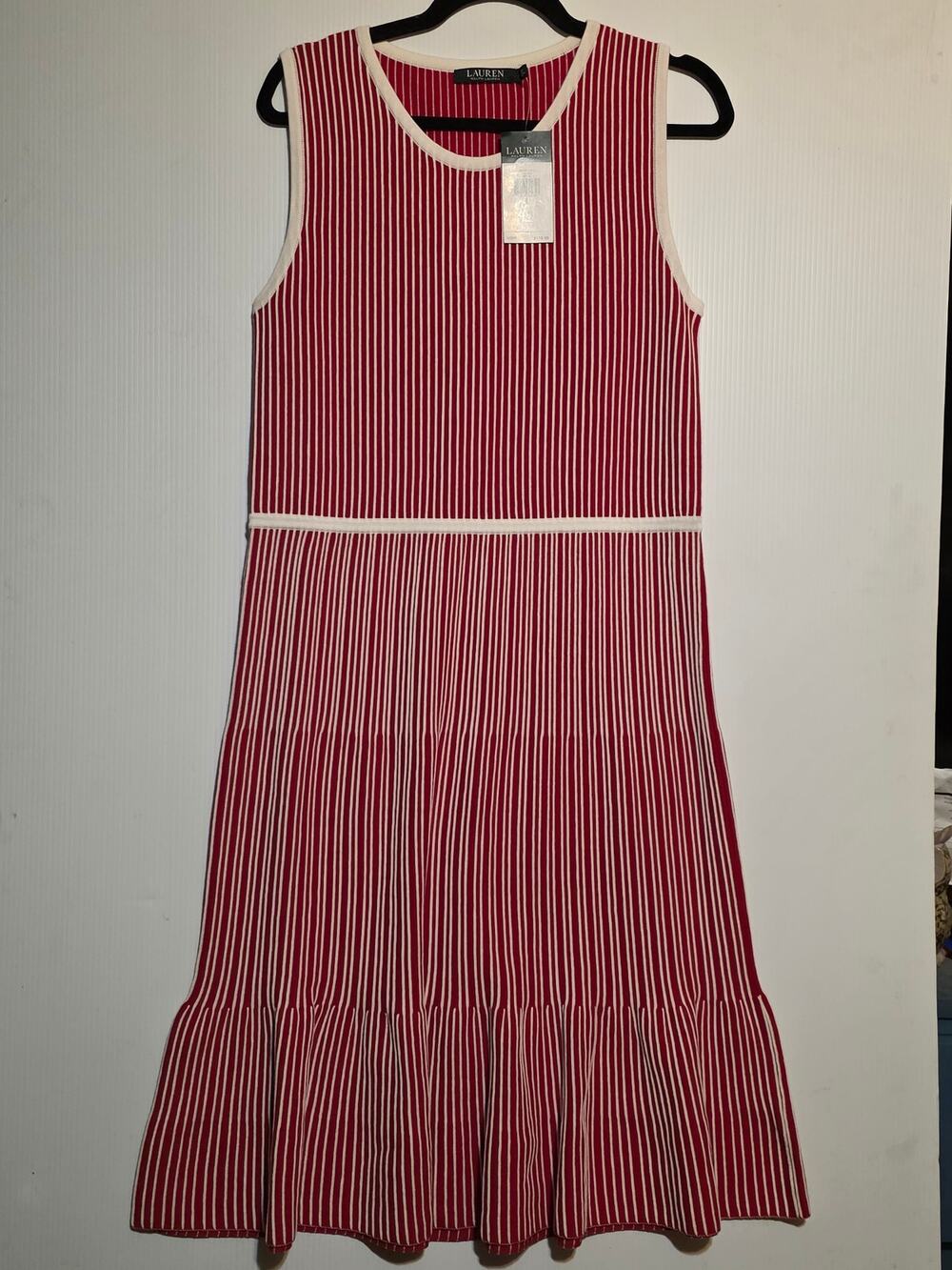 NWT Lauren Ralph Lauren Red White Knit Midi Size L Fit & Flare Sweater Dress